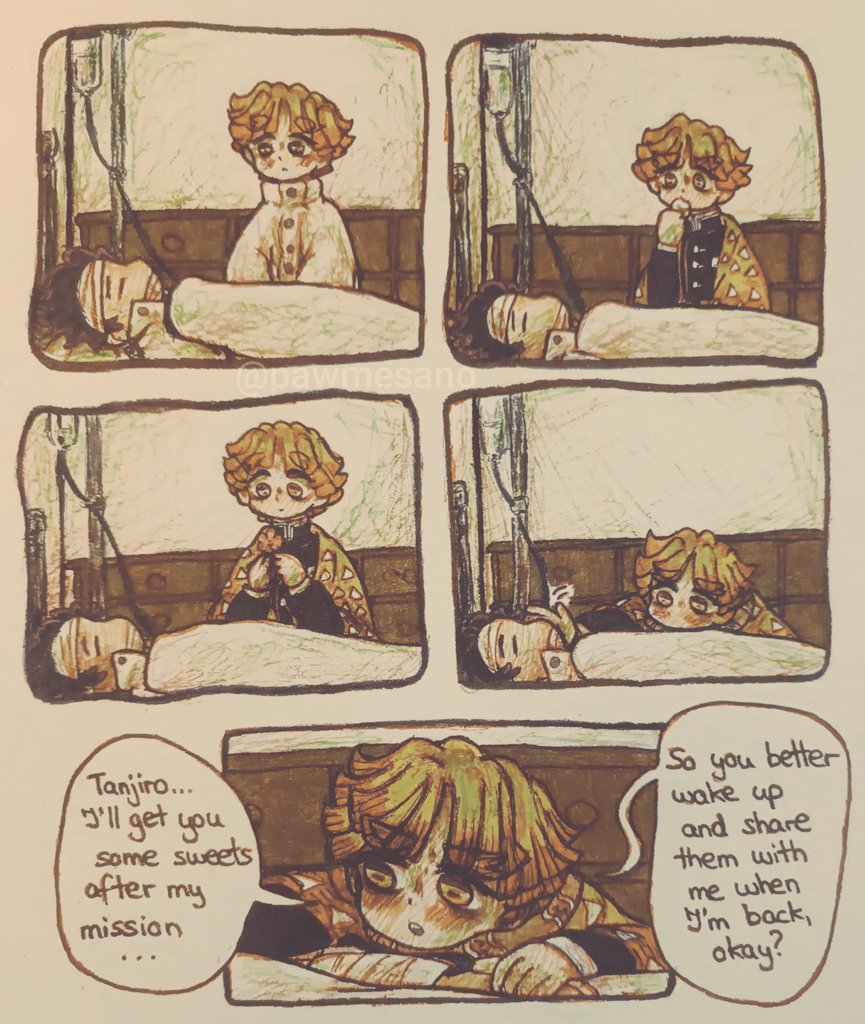 »Waiting for something to happen?«

After the battle with Gyutaro &amp; Daki, Zenitsu had to leave to go to a far away mission without knowing if Tanjiro will ever wake up again.