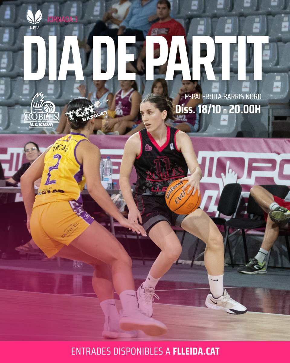 DÍA DE PARTIT A CASA 🏡

A les 20h contra el <a href="/TGNBasquet/">🟣 TGN Bàsquet Club</a> 

🎫 Abonament temporada: tuit.cat/PLhTS
🎟 Entrada partit: flleida.cat 

#RoblesLleida #Lleida #LF2
