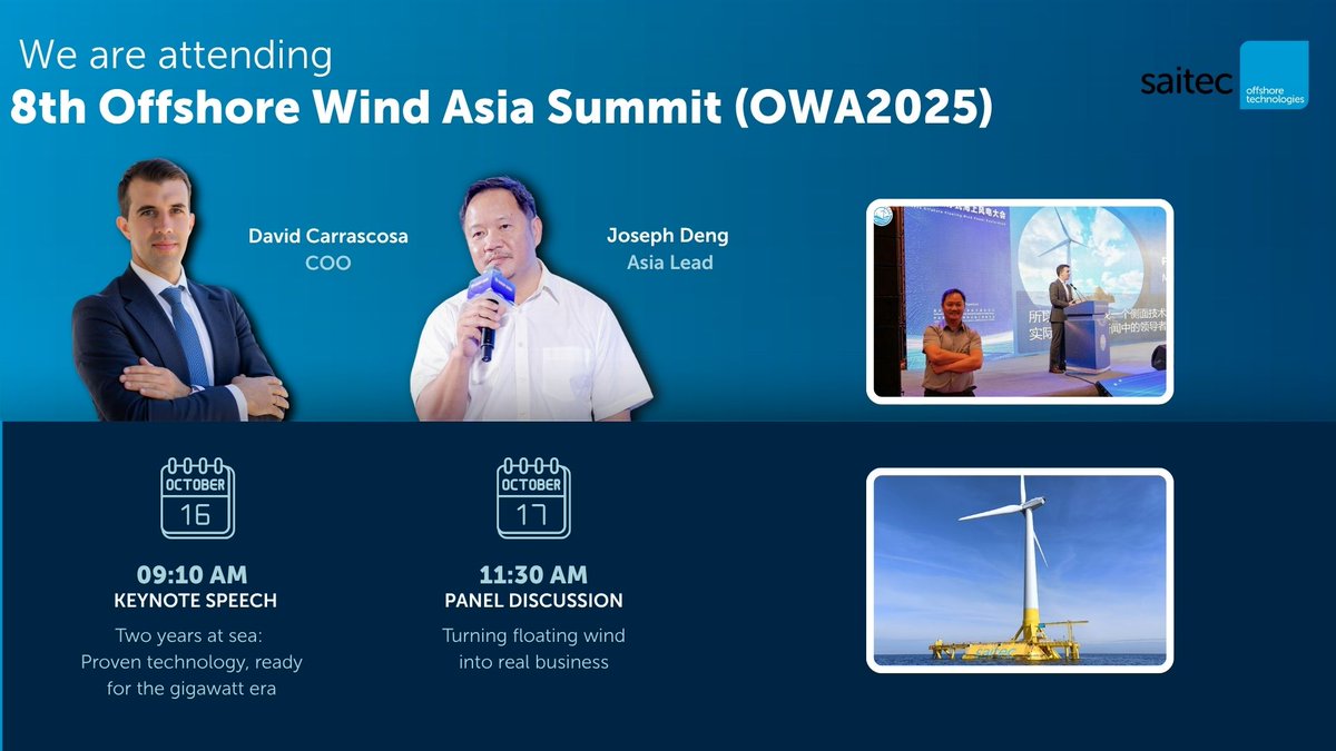 🌊 Floating offshore wind is booming, and China is leading the way! We're excited to join global leaders at the 8th Offshore Wind Asia Summit (#OWA2025) in Shanghai to turn momentum into real progress. saitec-offshore.com/en/offshore-wi… #floatingwind #offshorewind