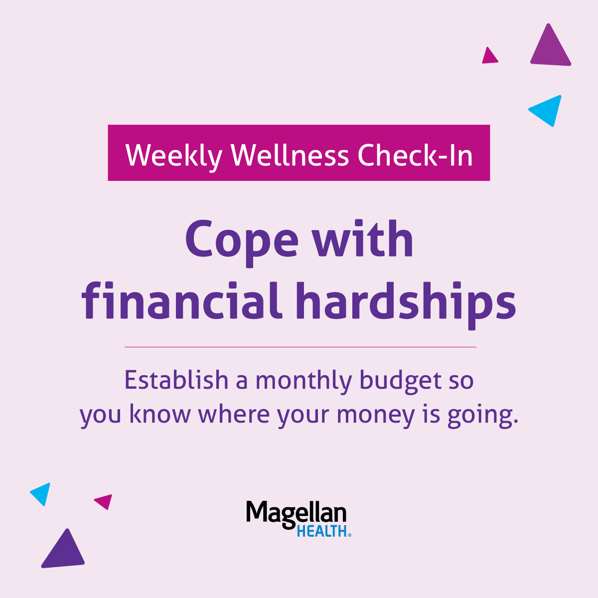 MagellanHealth's tweet image. Take some time this week to establish a monthly budget and decide what are some spending areas where you can cut back or go without this month. #WeeklyWellnessCheckIn