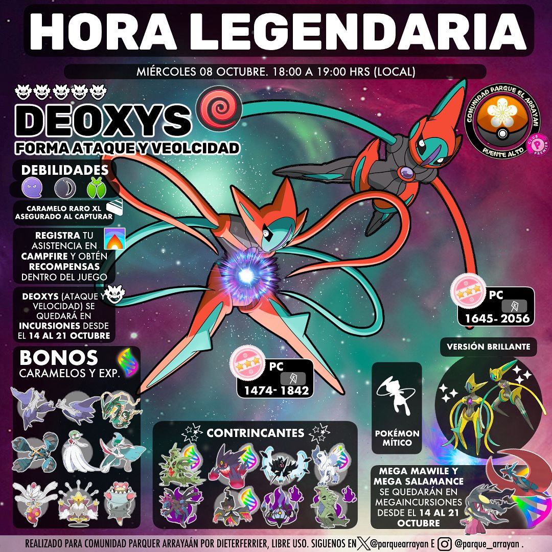 ParqueArrayan's tweet image. Hora Legendaria: Deoxys, Forma Ataque  y Velocidad.
Miércoles 15 de octubre, de 18:00 a 19:00 hrs.