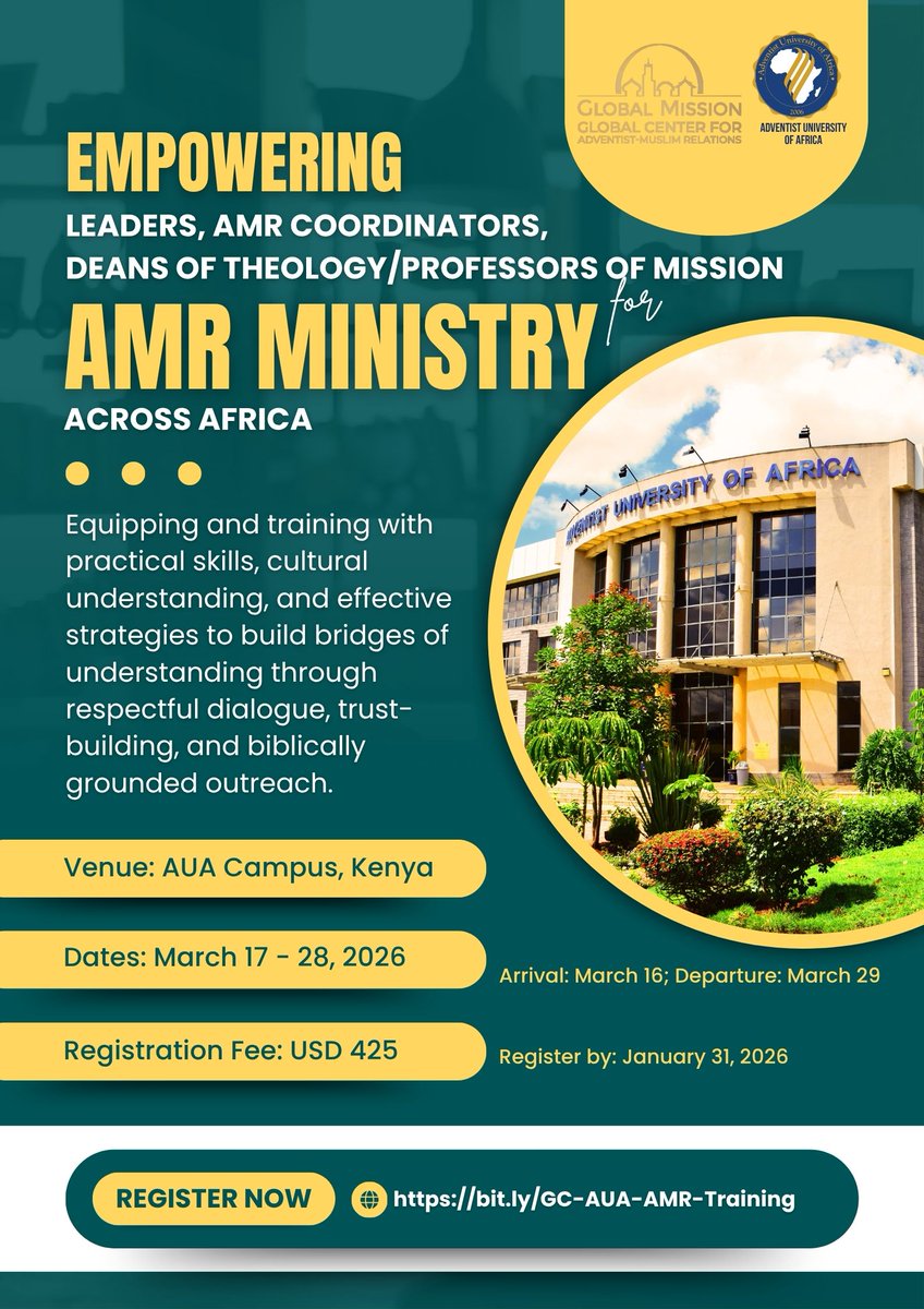 auauniversity's tweet image. 📢 Calling division, union, conference officers, and theologians! Strengthen your AMR ministry skills at AUA.

Dates: March 17-28, 2026.
Register today: forms.gle/ZMQxJfsd3zJ3ZC… 

#ChristianLeadership #AMRMinistry #AdventistUniversityofAfrica