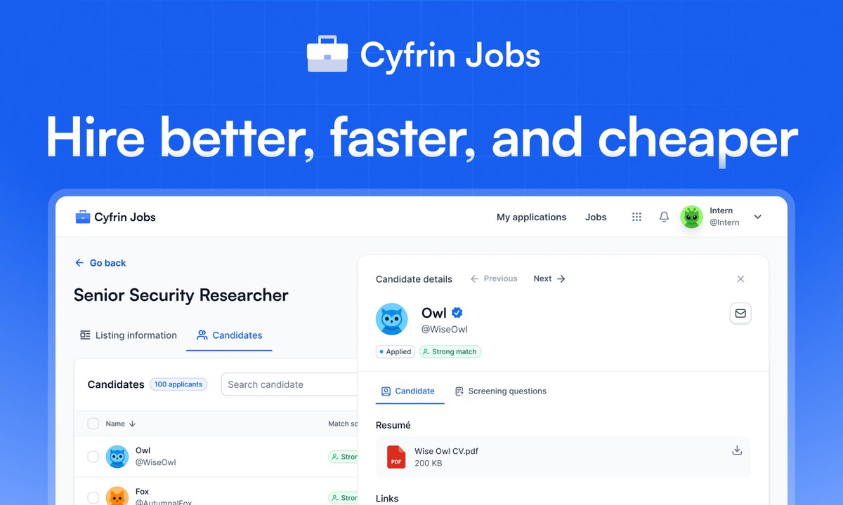 CyfrinUpdraft's tweet image. Your last hire took 6 months and $20k in recruitment fees. 💸

Instead, with Cyfrin Jobs, you get:

- Access verified developers with proven skills
- Connect directly with candidates (0 middleman fees)
- Pre-screened talent from the Cyfrin ecosystem

Leading firms hire here 👇