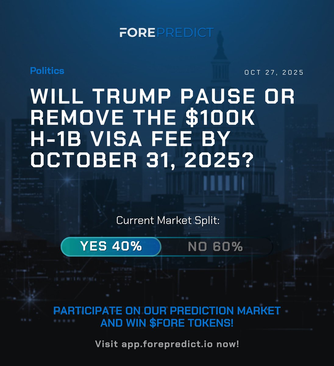 FORE_Predict's tweet image. Will Donald Trump pause or remove the $100,000 H-1B visa fee via legislation or executive action by Oct 31, 2025? Predict the outcome for a chance to win $FORE tokens. Participate here▶️app.forepredict.io/categorical_ma…
#predict #predictionmarket #FOREPredict $FORE #crypto