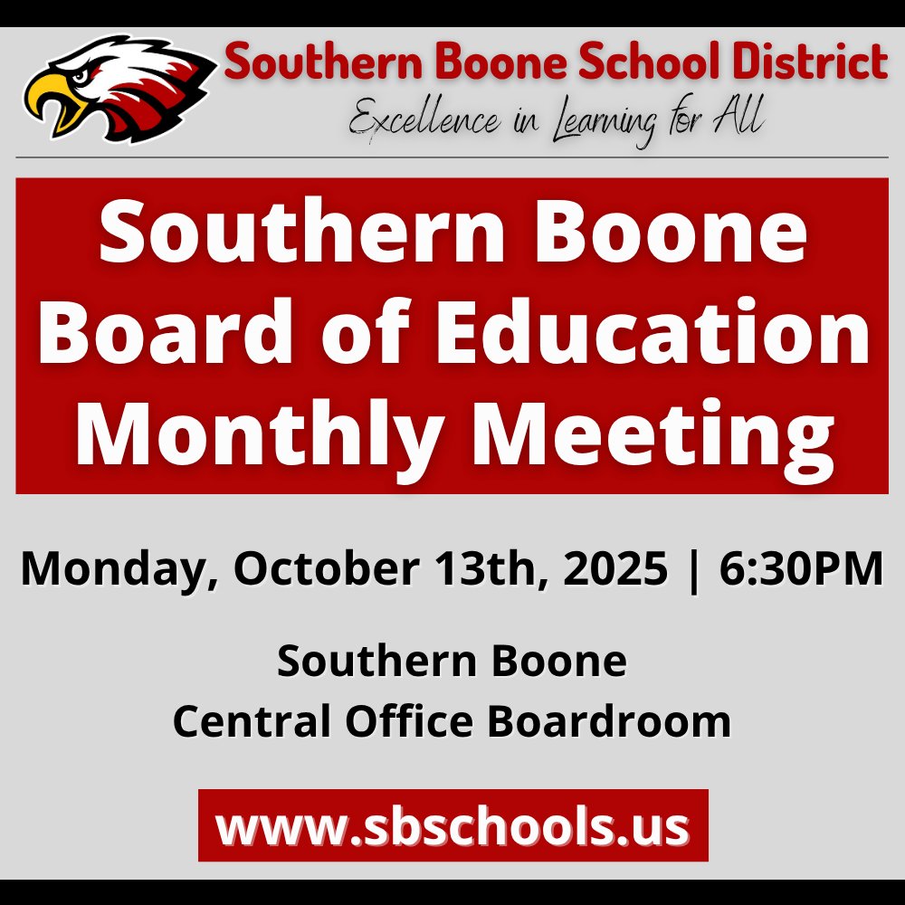 The Southern Boone Board of Education will meet for its monthly board meeting at 6:30 p.m. this evening in the central office boardroom. The meeting is open to the public.

MEETING AGENDA: tinyurl.com/mr3xehx9
WATCH IT LIVE HERE: tinyurl.com/3ftedk6b