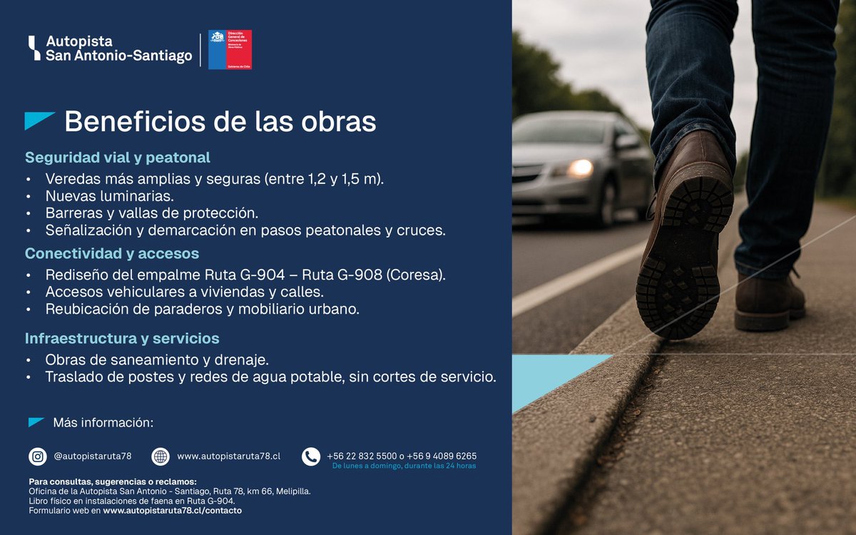 autopistaruta78's tweet image. ¡Atención vecinas, vecinos y usuarios de la Ruta G-904!
Desde el 1 de octubre de 2025 comenzarán obras para mejorar la movilidad peatonal y la conectividad de la ruta, con una duración estimada de 18 meses.
📍 Sectores intervenidos: El Tranque, San Juan y Lo Gallardo
🕗 Horario…