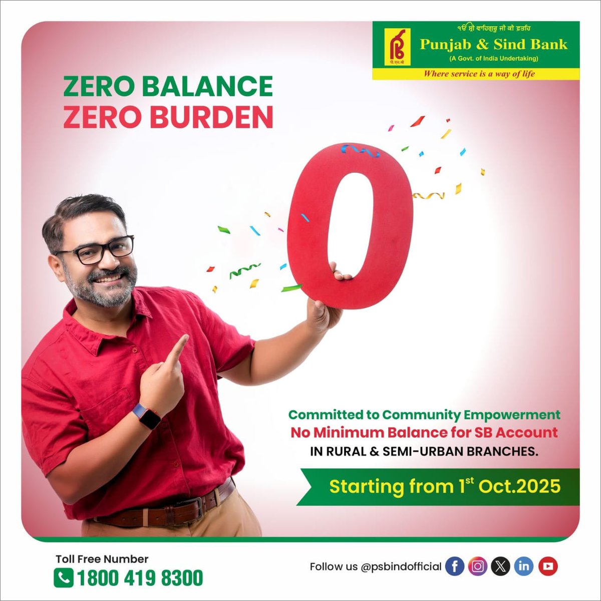 PSBIndOfficial's tweet photo. Waiver of Minimum Balance in saving bank account of Rural &amp; Semi-Urban Branches

#punjabandsindbank
#ZeroBalance #ZeroBurden
#NoMinimumBalance #BankingForAll 
#whereserviceisawayoflife https://t.co/zgWCzXMgnG