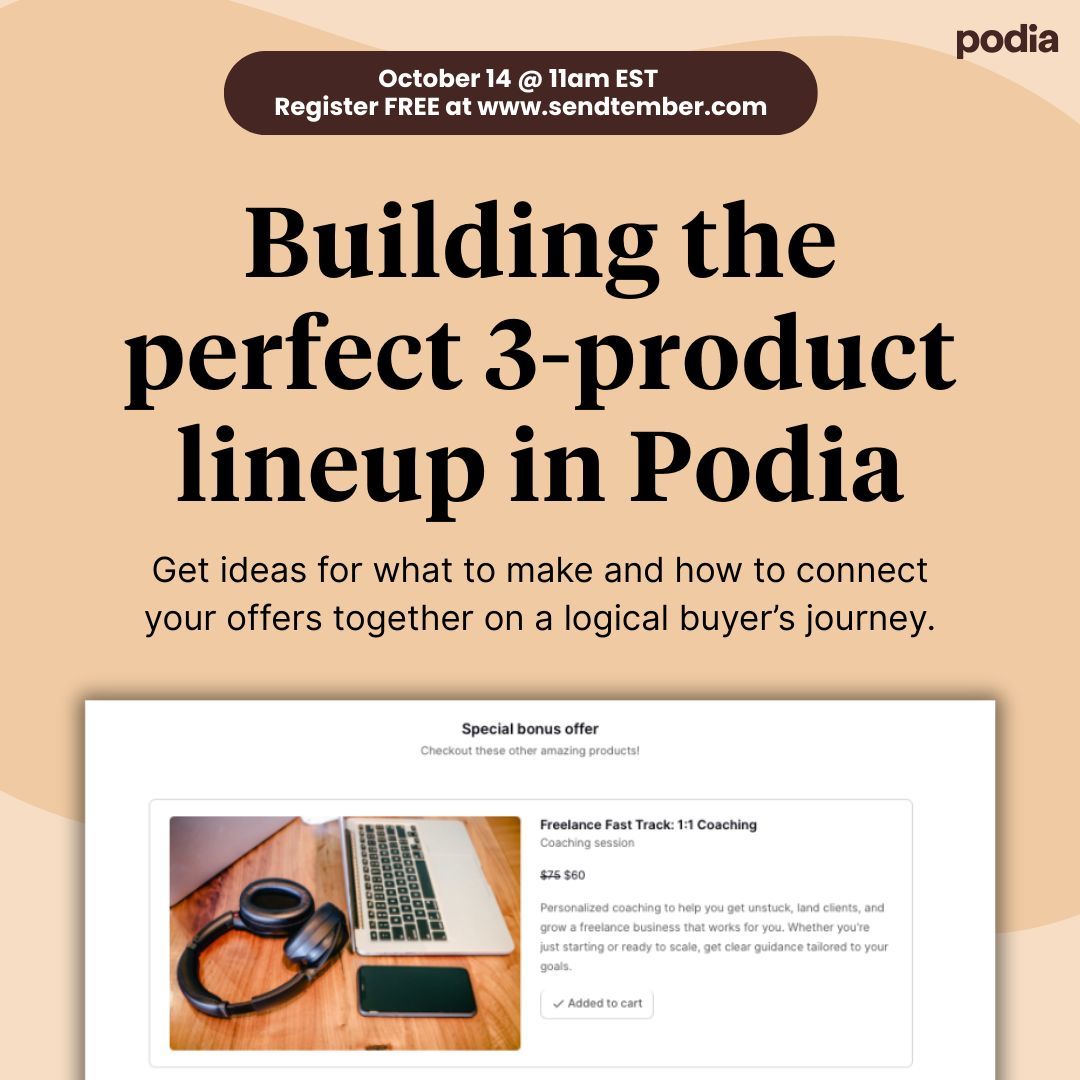 ⏰ Join LIVE Tues Oct 14 at 11am ET

Not sure what to sell or how to make your offers work together? 

In this live workshop, we’ll walk you through an easy 3-product lineup you can use to maximize sales and reach more people. You’ll get concrete ideas for what to create, how to