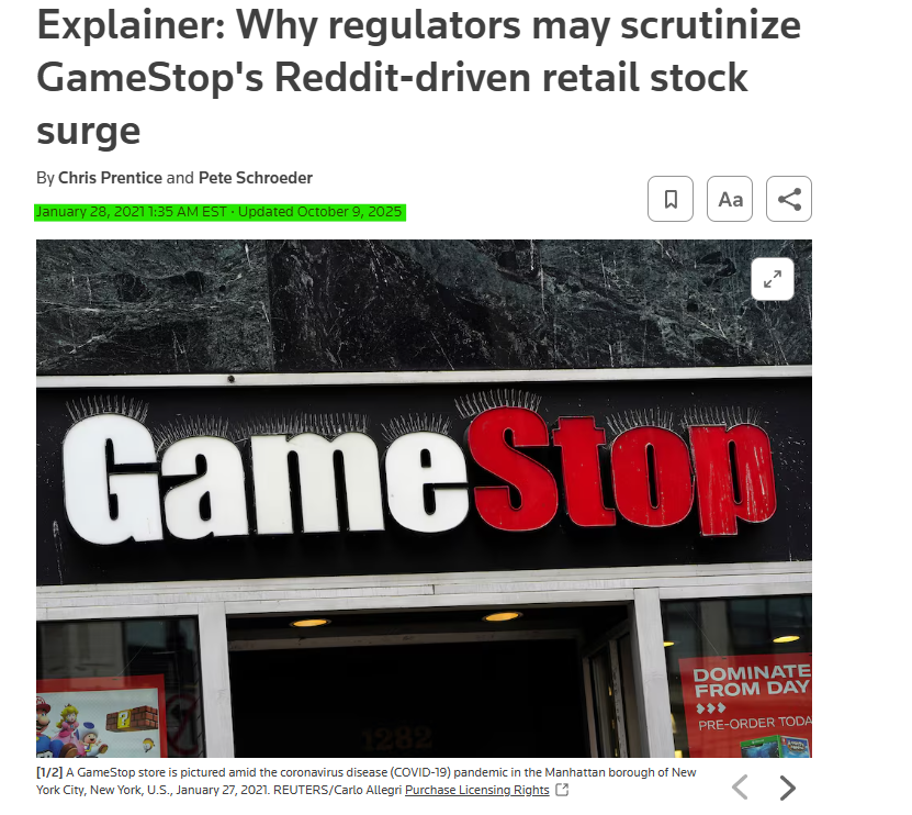 Wow Reuters JUST deleted this line from a Jan. 28, 2021 article about the $GME squeeze:

"NYSE said it employed advanced technology to investigate suspicious trading activity, according to a representative."

Why would they do this now of all times?