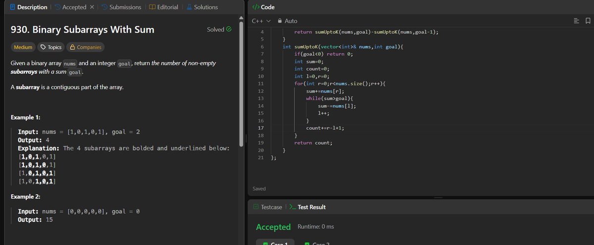 VishwanshK's tweet image. Day 60 of 100 days of code:
Leetcode : Binary Subarrays With Sum
#LearnInPublic #100DaysOfCode #LeetCode #DSA #leetcodedaily