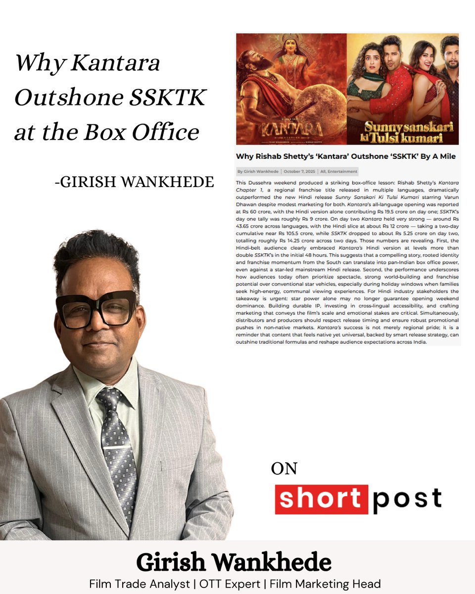 girishwankhede's tweet image. Story beats stardom once again. Girish Wankhede explains how Kantara Chapter 1 turned its rooted identity into pan-India box office firepower, outshining SSKTK by a mile.   

URL: h1.nu/1hjRd 

#GirishWankhede #Kantara📷 #BoxOfficeAnalysis #KantaraALegendChapter1