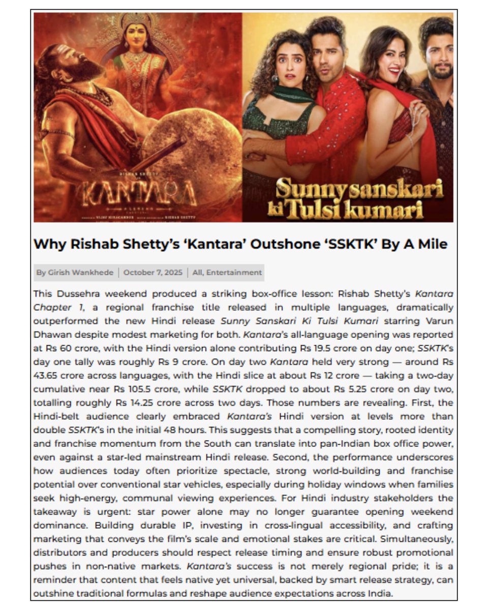 girishwankhede's tweet image. Story beats stardom once again. Girish Wankhede explains how Kantara Chapter 1 turned its rooted identity into pan-India box office firepower, outshining SSKTK by a mile.   

URL: h1.nu/1hjRd 

#GirishWankhede #Kantara📷 #BoxOfficeAnalysis #KantaraALegendChapter1