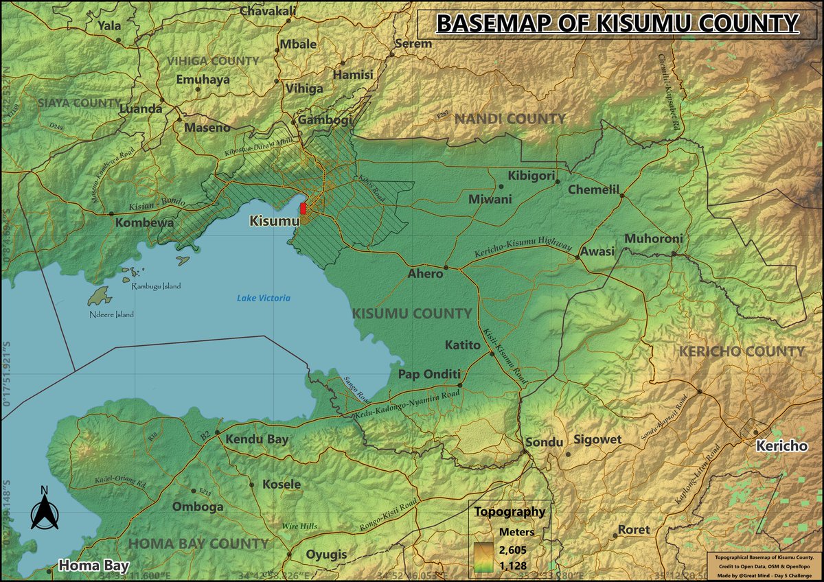 Day 5: Kisumu County Topo Basemap 🏞. 
#MappingKenya #10DayMappingChallenge