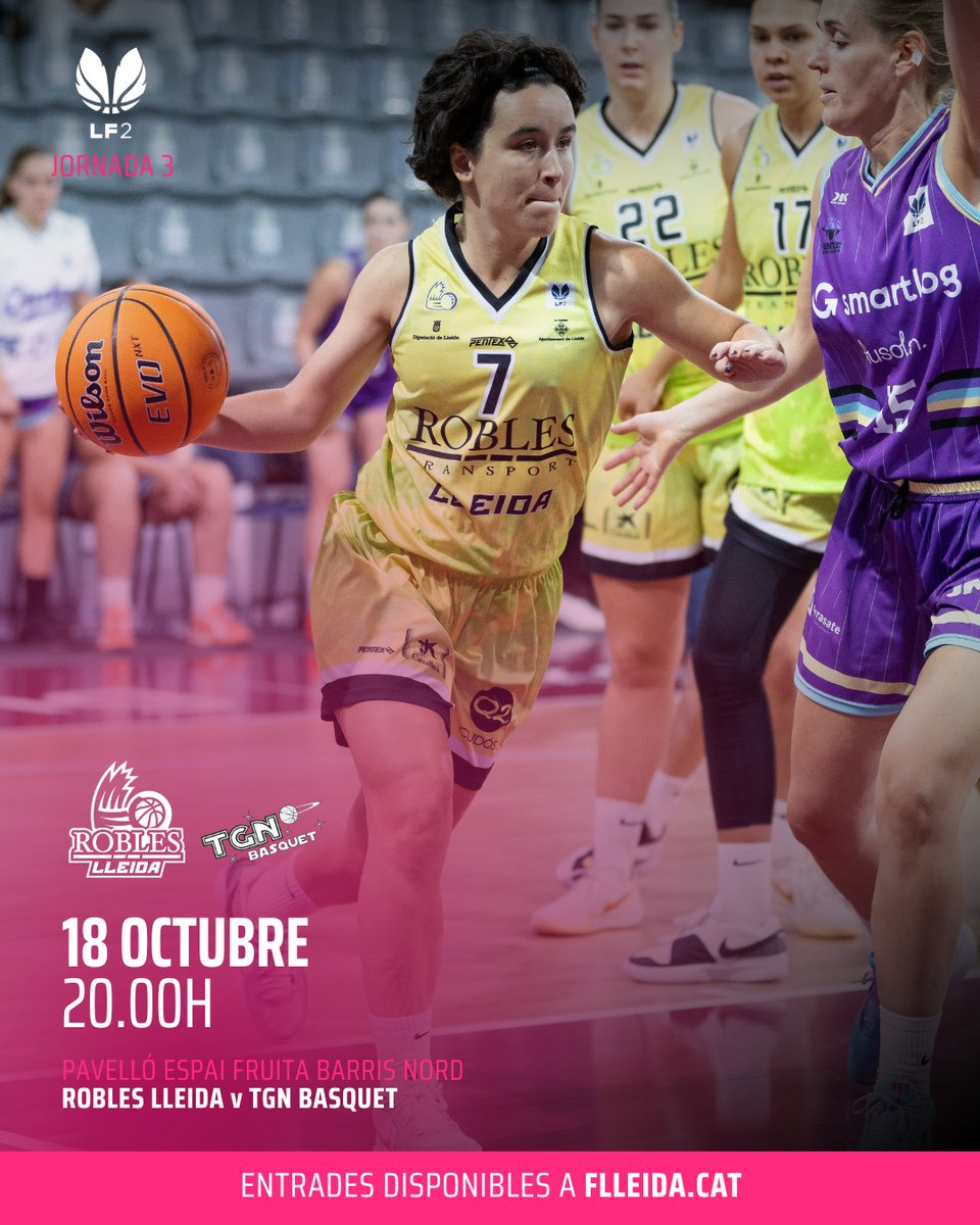 TORNEM AL BARRIS 💜

Dissabte 18 a les 20h contra el <a href="/TGNBasquet/">🟣 TGN Bàsquet Club</a> 

🎫 Abonament temporada: tuit.cat/PLhTS
🎟 Entrada partit: flleida.cat

#RoblesLleida #Lleida #LF2
