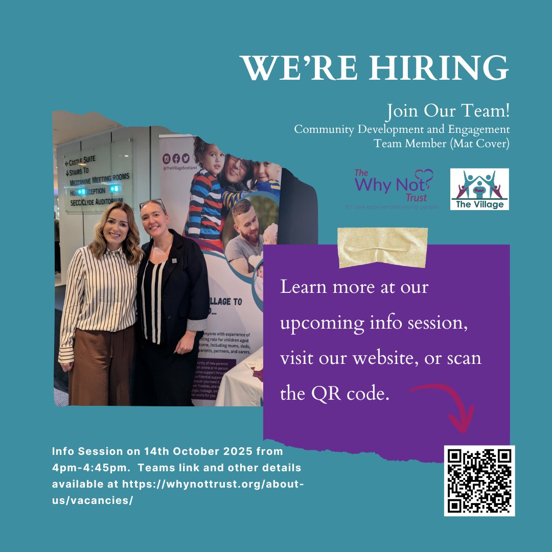 thewhynottrust's tweet image. Job Alert: Community Development &amp;amp; Engagement (Maternity Cover)
📍 West Central Scotland (home-based + travel)
📅 Closes: 23 Oct, 5PM
💼 £28,500 | Full-time | Until Aug 2026
🔗 Apply: forms.office.com/e/GSrVk1gPnA
💬 Info session: 14 Oct, 4–4:45PM
👉 Details: whynottrust.org/about-us/vacan…