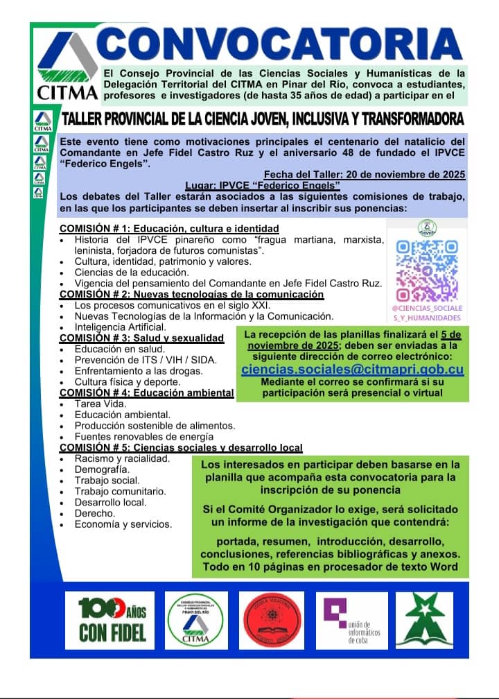 La Delegación Territorial del CITMA en Pinar del Río convoca a estudiantes y jóvenes investigadores, al Taller Provincial de la Ciencia Joven, Inclusiva y Transformadora, un espacio para el intercambio de saberes y propuestas por un desarrollo sostenible.#citmapinar