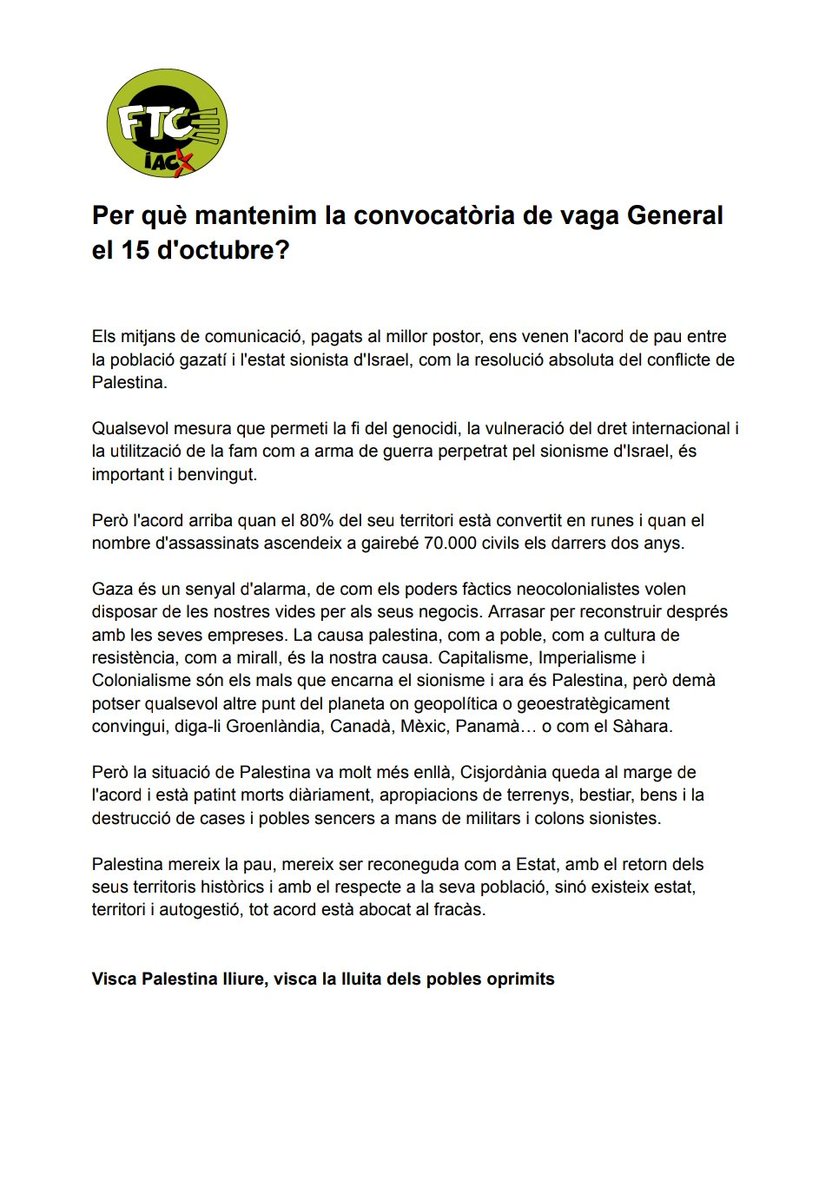 🚨PERQUÈ MANTENIM LA CONVOCATÒRIA DE VAGA GENERAL DEL DIA 15 D'OCTUBRE? 🇵🇸