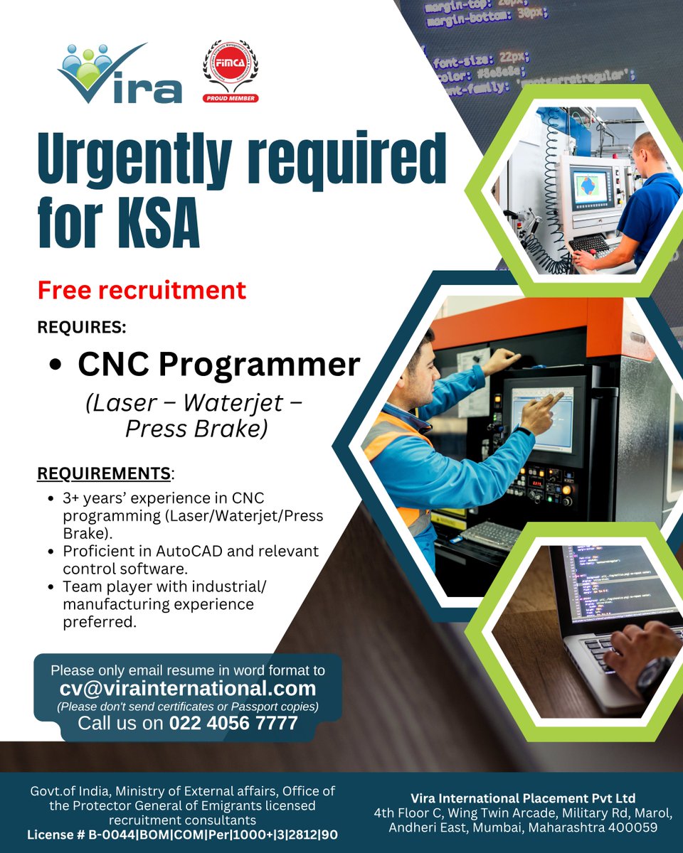 Vira_India's tweet image. Exciting Opportunity for CNC Programmers in KSA!
Send your updated resume (Word format only) to cv@virainternational.com
Contact us: 022 4056 7777
#Vira #CNCProgrammer #JobsInSaudi #KSAJobs #ViraInternational #OverseasJobs #EngineeringJobs #AutoCAD #LaserCutting #Waterjet
