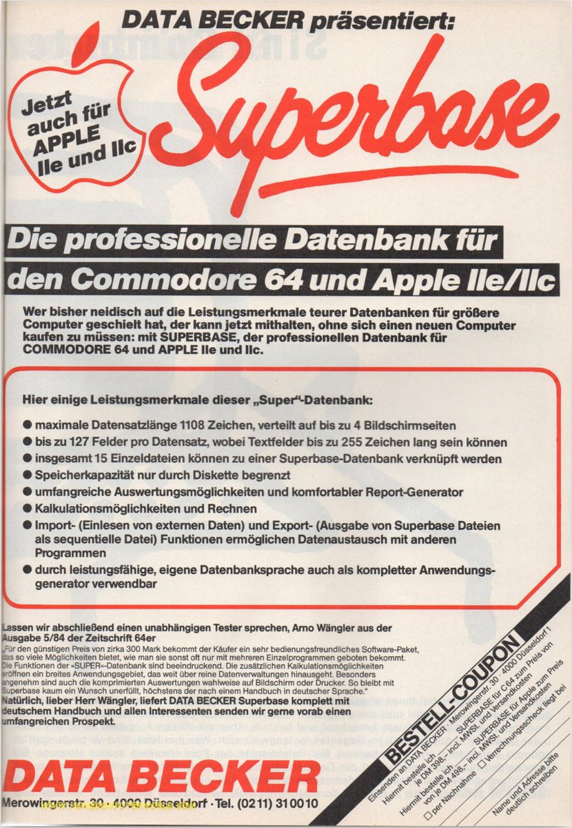 Retrojournal_de's tweet photo. 📀 DATA BECKER präsentiert: Superbase –
die professionelle Datenbank für den Commodore 64 und Apple IIe/IIc!
127 Felder, 1108 Zeichen, Reportgenerator – und das alles auf Diskette.
Datenbankpower für Heimcomputer! 💾
#C64 #AppleII #DataBecker #RetroComputing #Superbase https://t.co/aO8GEjB4R1