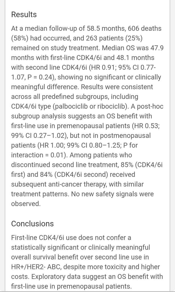 #ESMO25
OS with first- vs second-line CDK4/6i in HR+/HER2– ABC (SONIA trial)

🔹  mFU 58.5 mo
🔹 OS: 47.9 mo (1L) vs 48.1 mo (2L)
🔹 Trend favoring 1L only in premenopausal pts (HR 0.53)

💬 No significant OS difference — similar outcomes, more toxicity &amp; cost with 1L CDK4/6i?