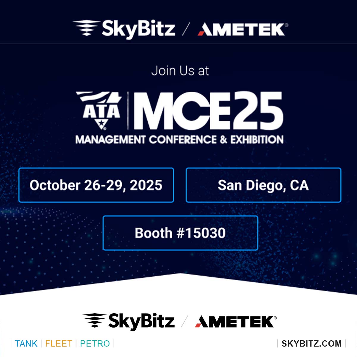 SkyBitz's tweet image. 🚛 Heading to ATA MCE 2025 in San Diego! Visit Booth #15030 for demos of our SmartTrailer Ecosystem. 🔍 Check out SkyCamera™ 📊 Explore NextGen InSight™ 🎯 Discover SmartTrailer™ #ATAMCE2025 #FleetTechnology #SkyCamera #SmartTrailerEcosystem #SkyBitz