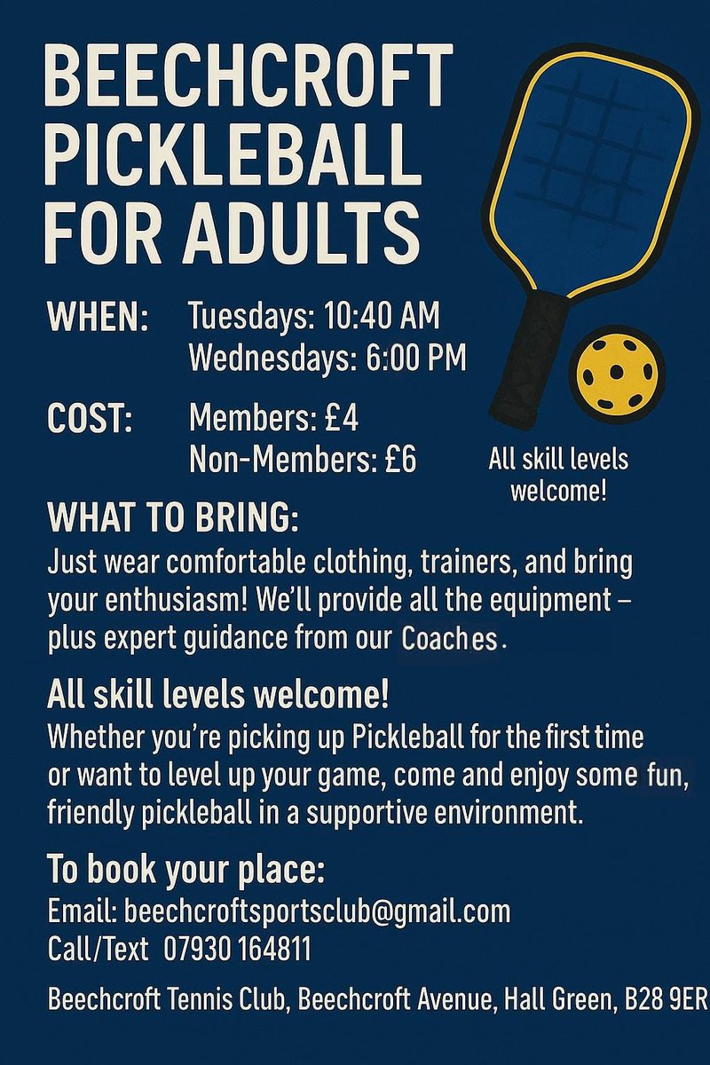 PLAY PICKLEBALL TWICE A WEEK AT BEECHCROFT ☎ 07930 164811 TO BOOK ON #pickleballislife #pickleballplayers #pickleballtraining #raring2gosolihull #birminghamcouncil #raring2gosolihull #ageukbirmingham #activitiesforseniors #MoveMore #pickleballbirmingham #pickleballsolihull