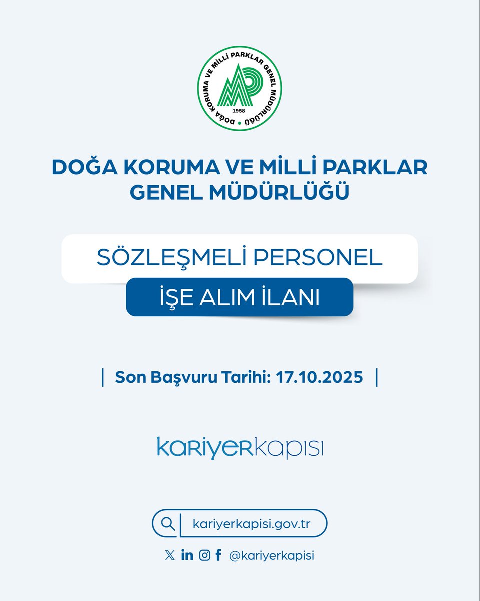 Kariyer Kapısı (@kariyerkapisi) on Twitter photo Tarım ve Orman Bakanlığı Doğa Koruma ve Milli Parklar Genel Müdürlüğü 240 Sözleşmeli Personel istihdam edecektir. 
🔗 kariyerkapisi.gov.tr 
🗓️ Son Başvuru Tarihi: 17 Ekim 2025
<a href="/milliparklar/">Milli Parklar</a> Tarım ve Orman Bakanlığı Doğa Koruma ve Milli Parklar Genel Müdürlüğü 240 Sözleşmeli Personel istihdam edecektir. 
🔗 kariyerkapisi.gov.tr 
🗓️ Son Başvuru Tarihi: 17 Ekim 2025
<a href="/milliparklar/">Milli Parklar</a>