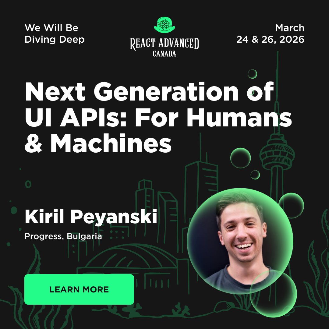kirchoni's tweet image. Exploring the 🧪 evolution of UI development in the 🤖 AI era:
"What’s good for humans, is it good for robots too?"
Join me at #ReactAdvanced (Mar 24 & 26) for a 🫧 deep dive into how LLMs reshape component API design.
Get 10% off with code KIRILFRIENDS