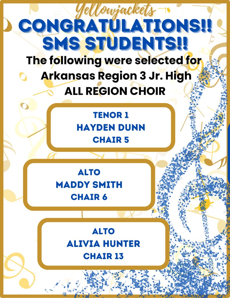 Congratulations to Sheridan Middle School students Hayden Dunn, Maddy Smith and Alivia Hunter for earning All-Region Choir honors! Way to go! #YJNation #ExcellenceEveryDay