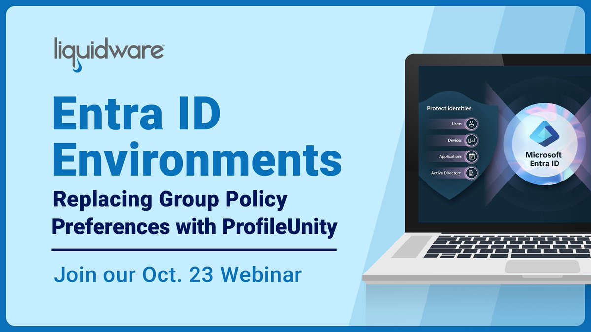 Liquidware's tweet image. The shift to Entra ID is here — make sure your user and app management strategy keeps up. Join our October 23 webinar to see how ProfileUnity and FlexApp deliver enterprise-ready features beyond GPPs: buff.ly/g6SED5S 

#EntraID #ProfileUnity #FlexApp #EUC #Liquidware