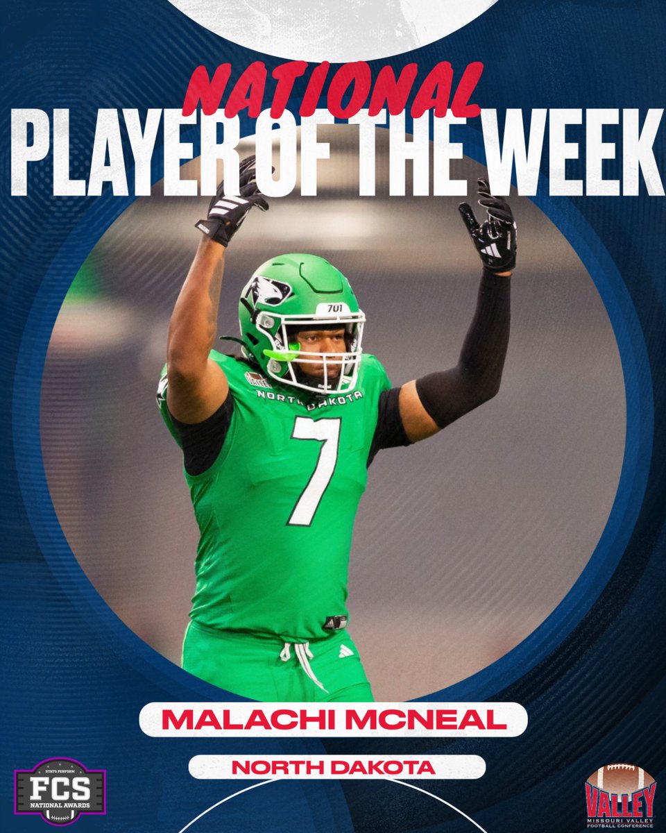 Malachi McNeal claims <a href="/OptaAnalystFCS/">Opta FCS Football</a>'s 𝐍𝐚𝐭𝐢𝐨𝐧𝐚𝐥 𝐃𝐞𝐟𝐞𝐧𝐬𝐢𝐯𝐞 𝐏𝐥𝐚𝐲𝐞𝐫 𝐨𝐟 𝐭𝐡𝐞 𝐖𝐞𝐞𝐤😤

📰 bit.ly/4o6YnzD

#ValleyFootball x <a href="/UNDfootball/">North Dakota Football</a>