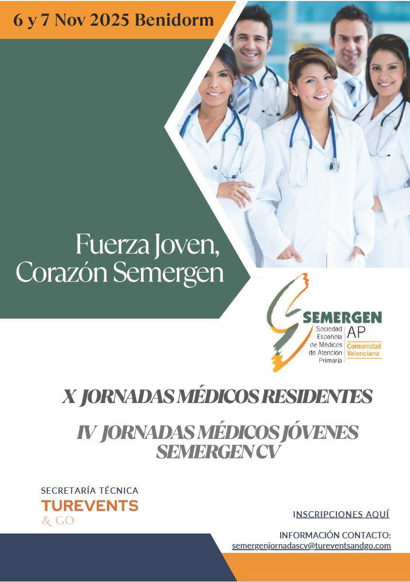 🔜 6 y 7 Nov. en BENIDORM 🚨Save The Date!!!
✅X Jornadas de Médicos Residentes y IV Jornadas de Médicos Jovenes SEMERGEN CV
✍️ INSCRIPCION y contacto en: semergenjornadascv@tureventsandgo.com 
#SEMERGENCV25