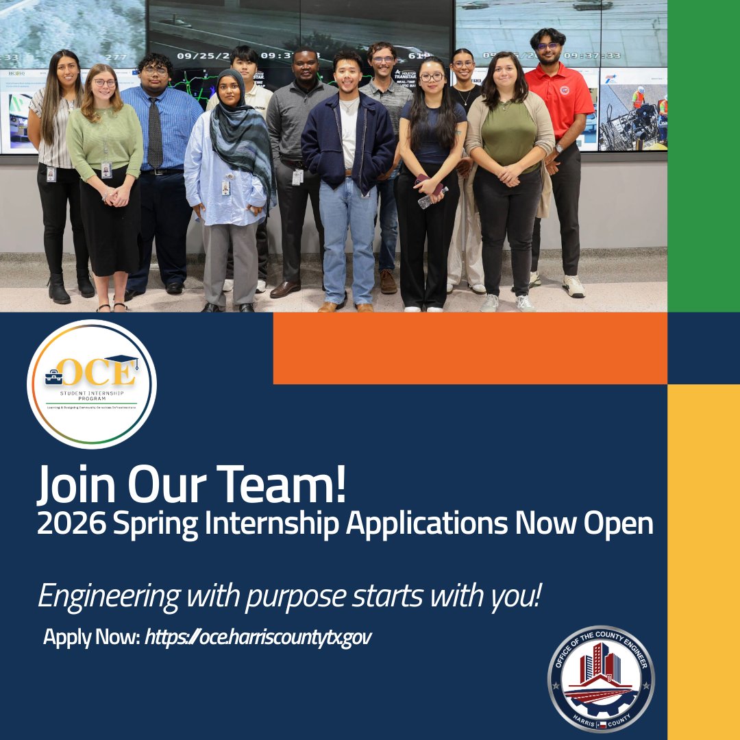 The Office of the County Engineer (OCE) is accepting applications for our 2026 Spring Internship Program!
📅 Deadline to Apply: Closes in 3 weeks
 💻 Apply today at oce.harriscountytx.gov under the Careers tab!
Join us this spring 
#OCEInternship #Spring2026 #FutureEngineers