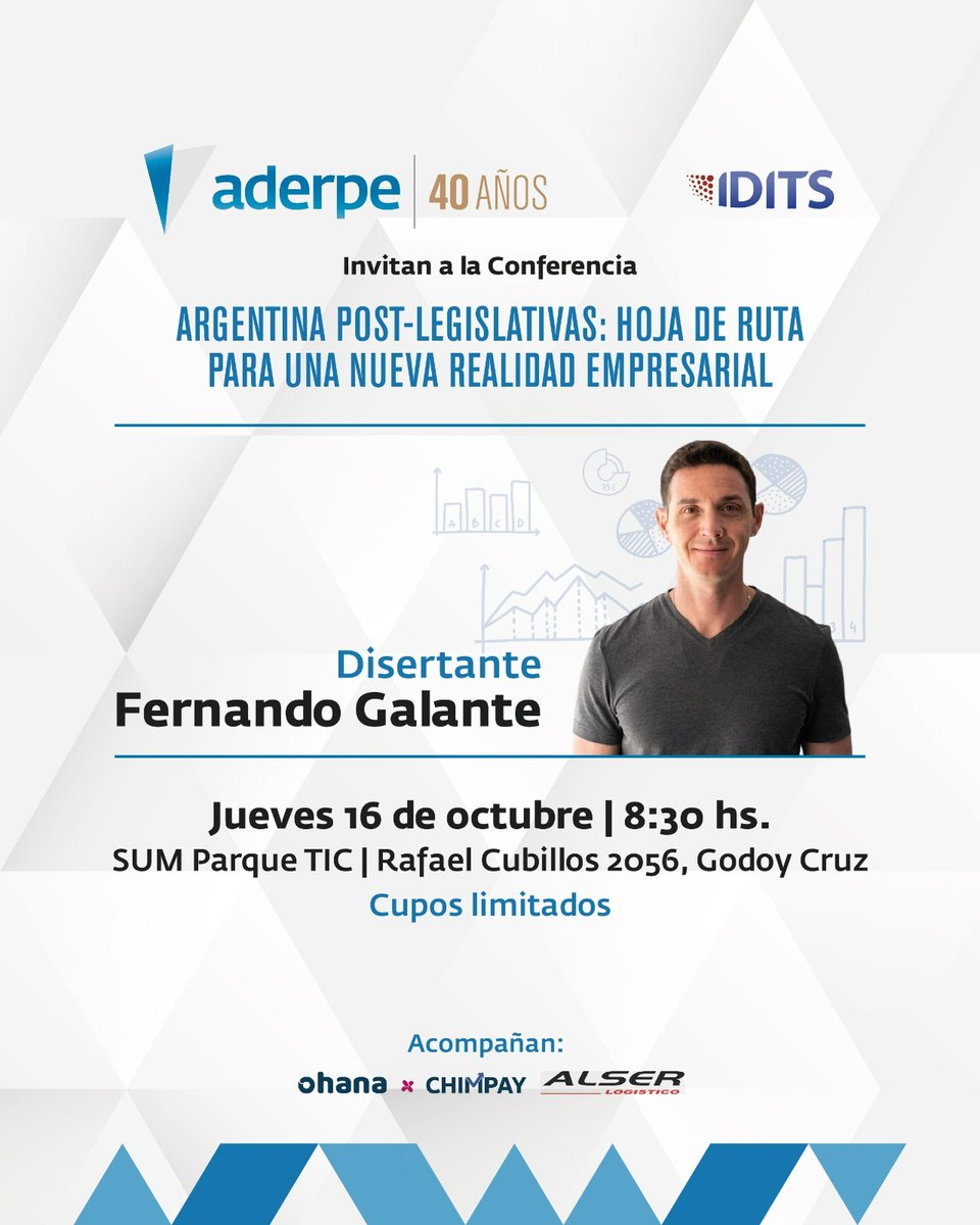 El próximo jueves vamos a estar junto a <a href="/ferjgalante/">Fer Galante</a> en el Parque TIC para que nos cuente cómo impactarán las elecciones legislativas en el mundo empresarial

📊 Sumate desde docs.google.com/forms/d/e/1FAI… a la conferencia organizada junto a <a href="/aderpemza/">Cámara ADERPE</a> 

 #Empresas #EconomíaArgentina