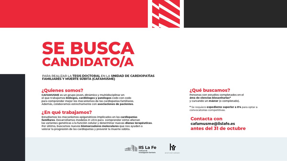 📢 El grupo de investigación de Cardiopatías Familiares, Muerte Súbita y Mecanismos de Enfermedad (CAFAMUSME) del #IISLaFe busca candidato/a para contrato predoctoral

🎓 Ciencias biosanitarias y expediente > 8,4

📆 Contacta antes del 31/10
📩cafamusme@iislafe.es