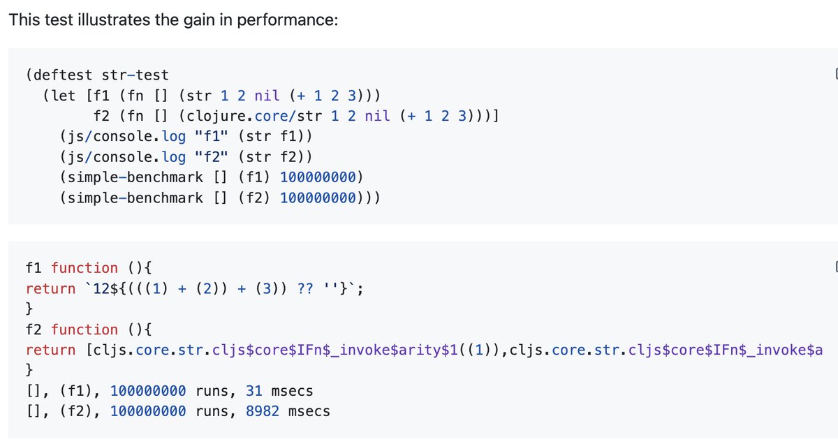 borkdude's tweet image. Announcing a little but fun macro as library that optimizes CLJS str almost 300x.
github.com/borkdude/cljs-…
#clojure #clojurescript