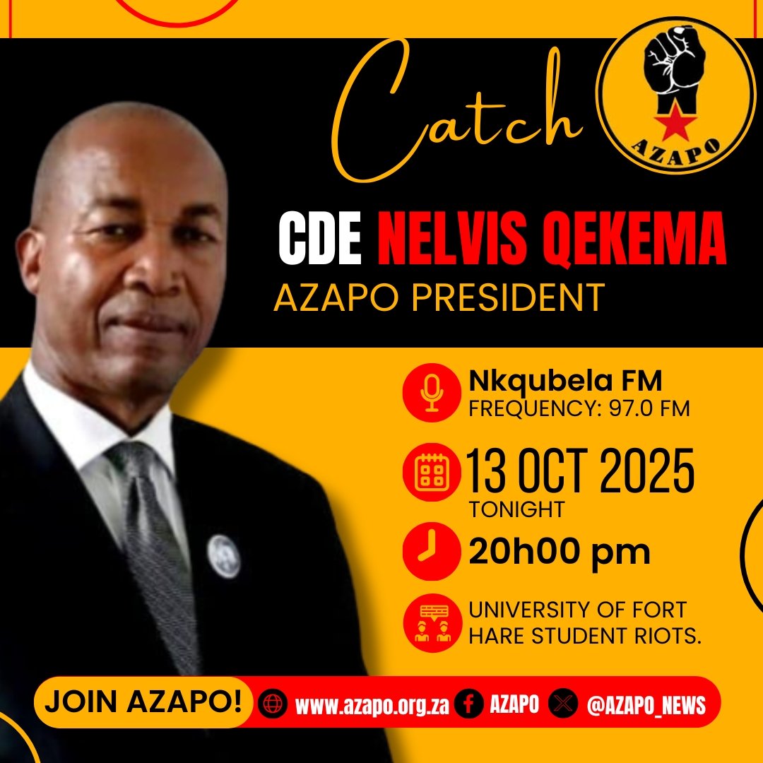 🚨INTERVIEW ALERT🚨

AZAPO President Cde <a href="/Nelvis_Qekema/">Nelvis Qekema</a> will be on Nkqubela FM @ 20:00 tonight. 

Topic of Discussion will be the University of Fort Hare student riots.