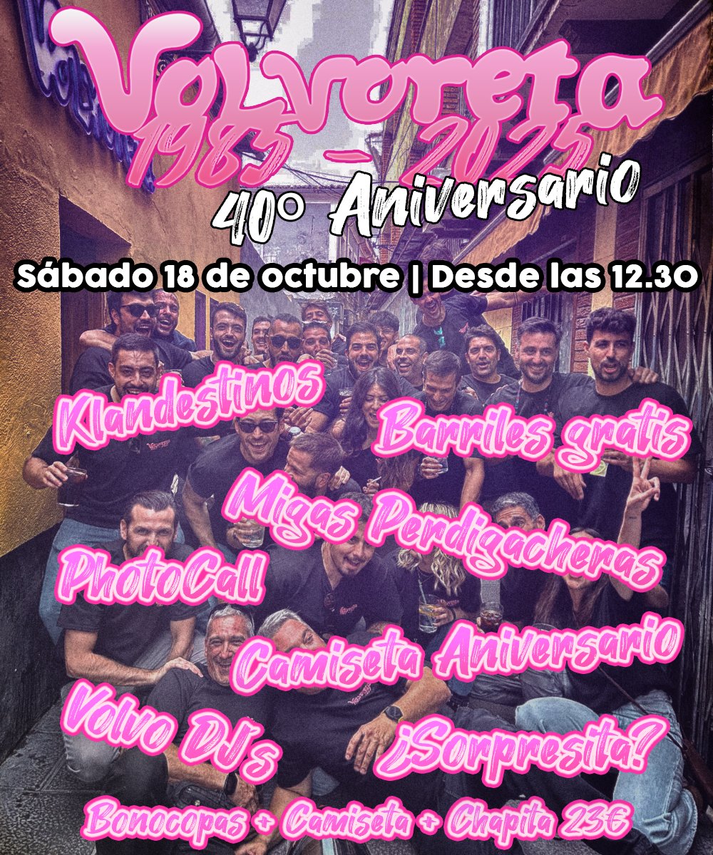 🩷 Nos podríamos quedar a vivir en el sábado pasado...
PEEEERO este sábado 18 llega FIESTA del 40º Aniversario🎉
12.30 Barriles gratis y picoteo
13.30 @klandestinoscharanga
15.00 Migas by @elperdigacho
15.30 2º pase Klandestinos
16.30 VolvoKids
20.30 Dolce&amp;Jaraba
00.30 DJ Gonz