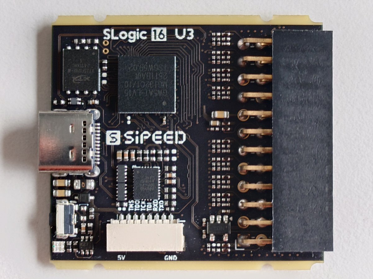 Spirit532_'s tweet image. So, @SipeedIO sent me their new SLogic16U3 USB3 logic analyzer to review(free, no obligation). Inside is just a tiny Gowin GW5AT-LV15 FPGA doing softcore USB3(!!!), which is how they made it so cheap. 800MHz@4ch is quite impressive. My verdict? Definitely going in the tool box.