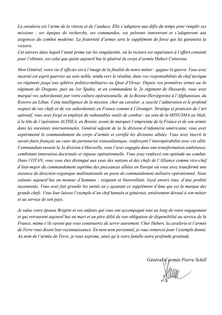 "La cavalerie est l'arme de la vitesse et de l'audace. Elle s'adaptera aux défis du temps pour remplir ses missions : ses équipes de recherche, ses commandos, ses pelotons innoveront et s'adapteront aux exigences du combat moderne. 

Issu de l'Ordre du Jour n°81 
<a href="/armeedeterre/">Armée de Terre</a>