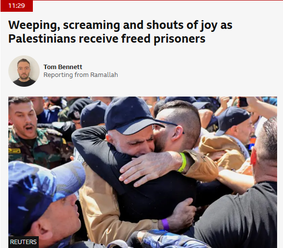 cfmmuk's tweet image. Compare @BBCNews headlines

#Palestinians “weeping, screaming” as prisoners freed 

#Israelis “cheer” as hostages return

Same act — freedom. Different framing. One emotional chaos, the other dignified joy. 

Language tells who’s granted empathy &amp;amp; who’s portrayed as spectacle.