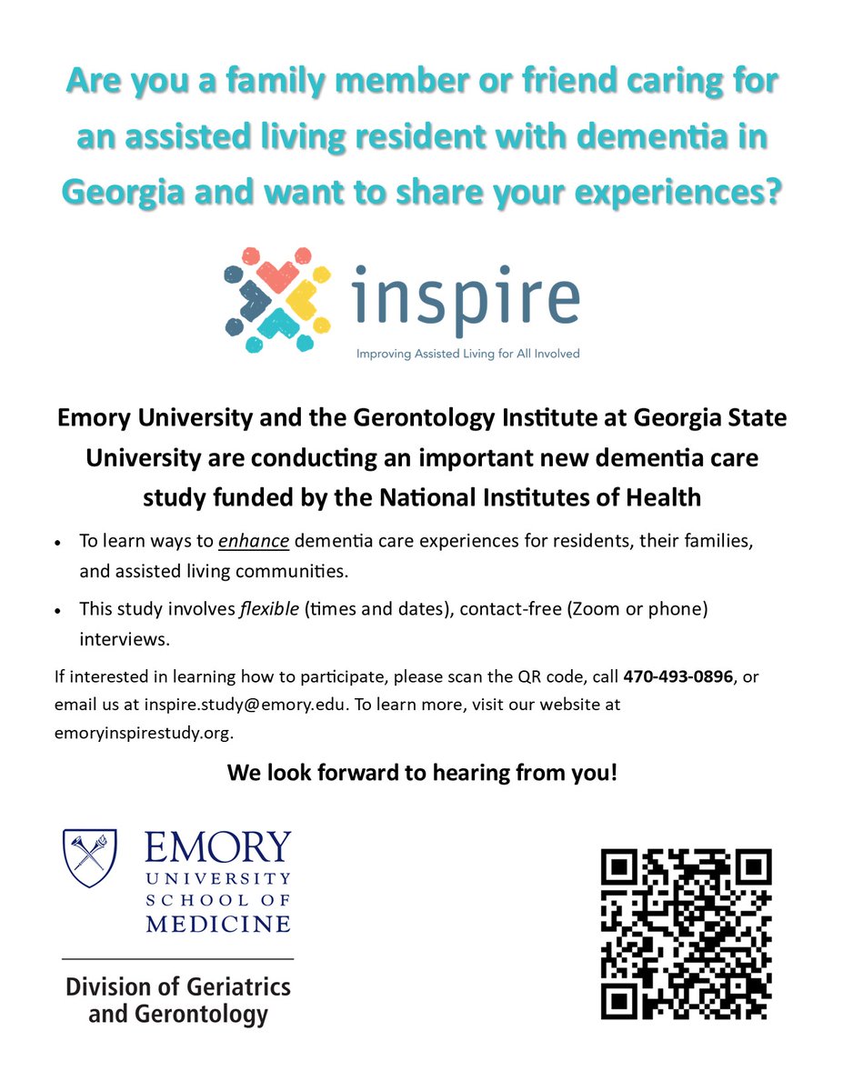 InspireStudyEU's tweet image. The INSPIRE Study is investigating informal caregivers’ (unpaid family/friends) involvement in care of residents with dementia in assisted living communities throughout Georgia. Visit our website emoryinspirestudy.org/joining-our-st….
You can also fill out this form: survey.qualtrics.emory.edu/jfe/form/SV_50…