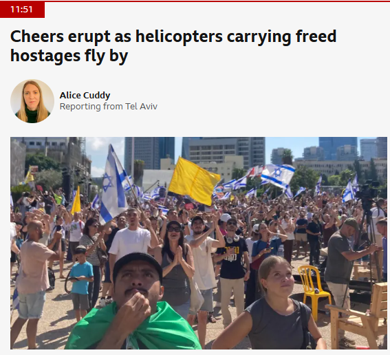 cfmmuk's tweet image. Compare @BBCNews headlines

#Palestinians “weeping, screaming” as prisoners freed 

#Israelis “cheer” as hostages return

Same act — freedom. Different framing. One emotional chaos, the other dignified joy. 

Language tells who’s granted empathy &amp;amp; who’s portrayed as spectacle.