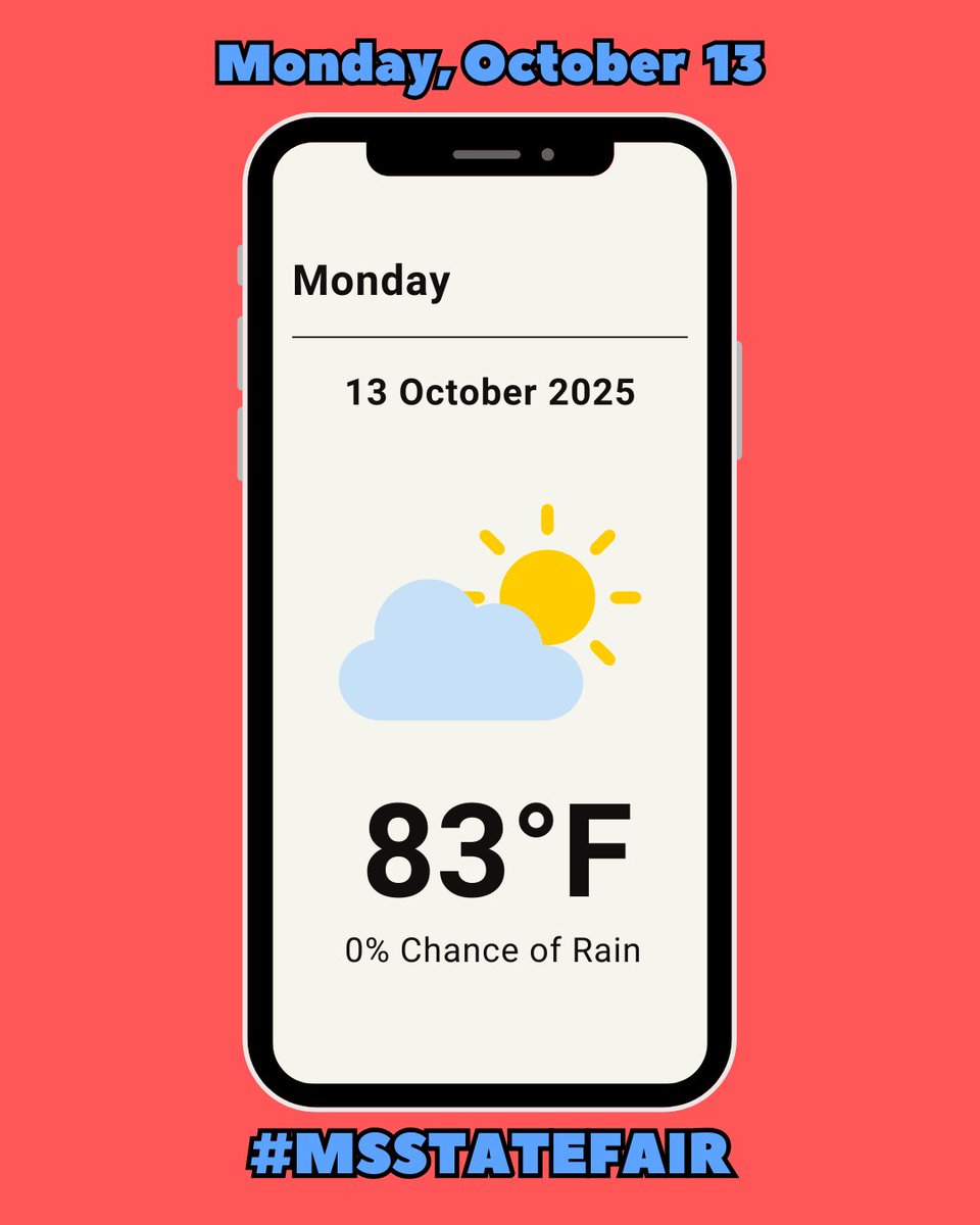MSStateFair's tweet image. 🎡☀️ It’s the FINAL day of the Great American Mississippi State Fair! The weather is on our side, so come out for one more ride, one more bite, and one last memory before we close the gates tonight. ❤️🤍💙