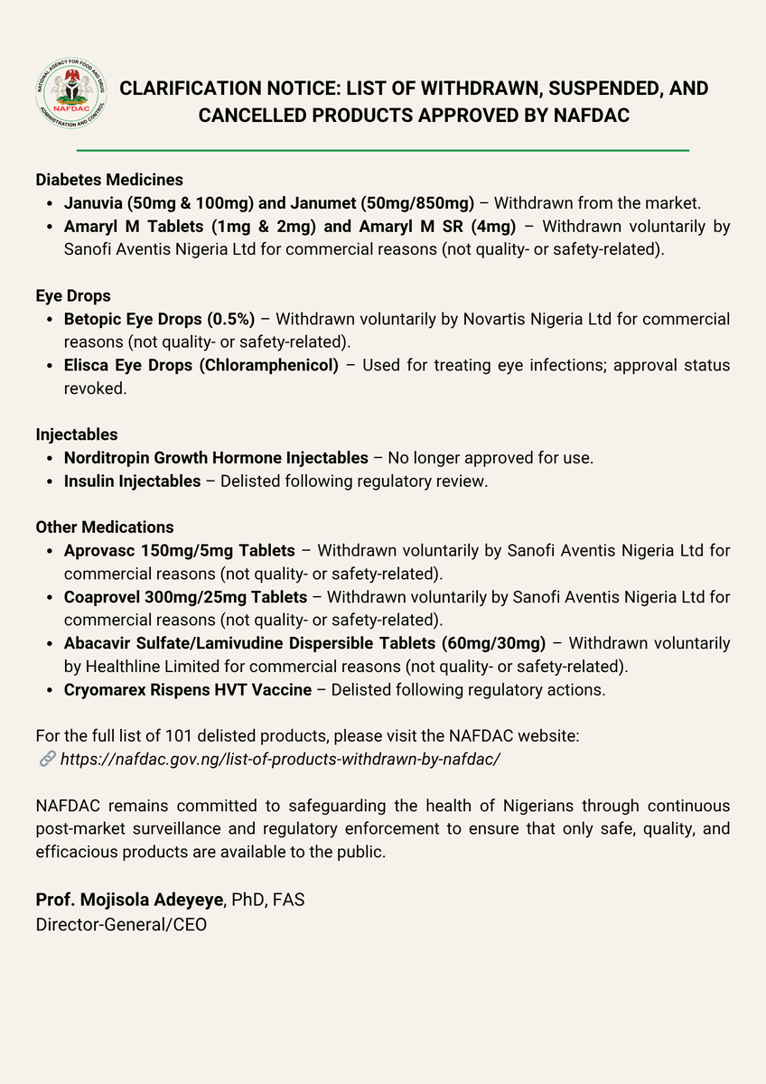NafdacAgency's tweet photo. 📢 Clarification Notice: List of Withdrawn, Suspended, and Cancelled Products Approved by NAFDAC.

This notice provides further clarification on its recently published List of Withdrawn, Suspended, and Cancelled Products. The update explains each category and assures the public that many withdrawals were voluntary and unrelated to product quality or safety.

Read the full clarification ⬇️