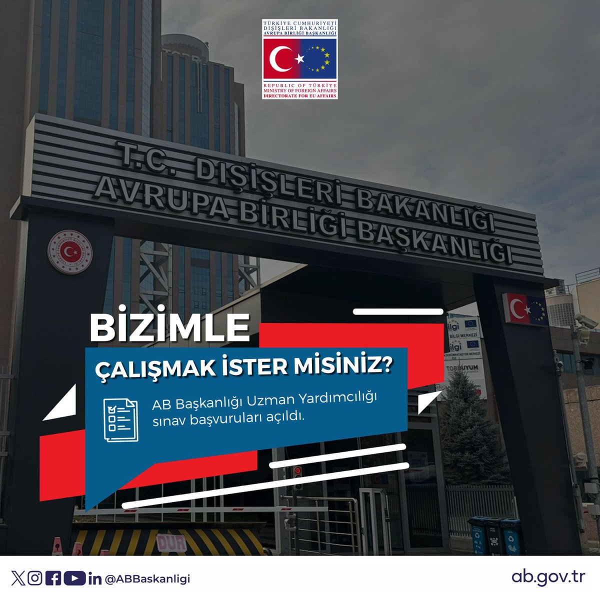 T.C. Dışişleri Bakanlığı Avrupa Birliği Başkanlığı (@abbaskanligi) on Twitter photo Dışişleri Bakanlığı Avrupa Birliği Başkanlığı Kadrolarını Genişletiyor!
18 AB İşleri Uzman Yardımcısı alımına yönelik Sınav İlanımız bugün (13 Ekim) yayımlandı.
🗓️Başvuru Tarihleri: 03 - 14 Kasım 2025
🔗Başvuru&Ayrıntılı Bilgi: kariyerkapisi.gov.tr/IlanDetay?i=5f… Dışişleri Bakanlığı Avrupa Birliği Başkanlığı Kadrolarını Genişletiyor!
18 AB İşleri Uzman Yardımcısı alımına yönelik Sınav İlanımız bugün (13 Ekim) yayımlandı.
🗓️Başvuru Tarihleri: 03 - 14 Kasım 2025
🔗Başvuru&Ayrıntılı Bilgi: kariyerkapisi.gov.tr/IlanDetay?i=5f…