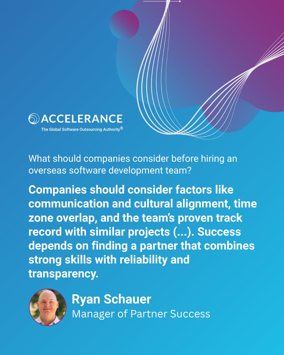 accelerance's tweet image. When hiring an overseas software team, focus on cultural fit, time zone compatibility, and a strong track record. For expert advice, visit our website: hubs.la/Q03LZRyZ0 

#SoftwareOutsourcing #RemoteWork #ITStrategy #DevTeam