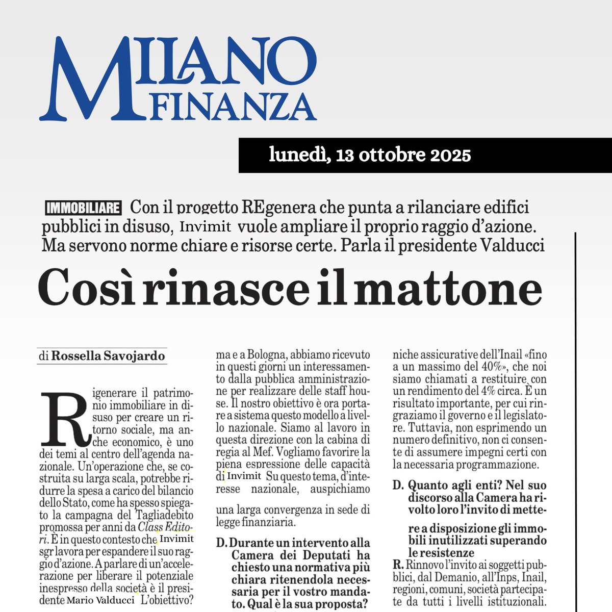 INVIMIT SGR accelera con #REgenera: 31 immobili pubblici in 6 regioni, 22 già con offerte. 

“Servono norme chiare e risorse stabili per estendere il modello”, dice il presidente #MarioValducci su <a href="/MilanoFinanza/">MilanoFinanza</a> a <a href="/RSavojardo/">Rossella Savojardo</a>.