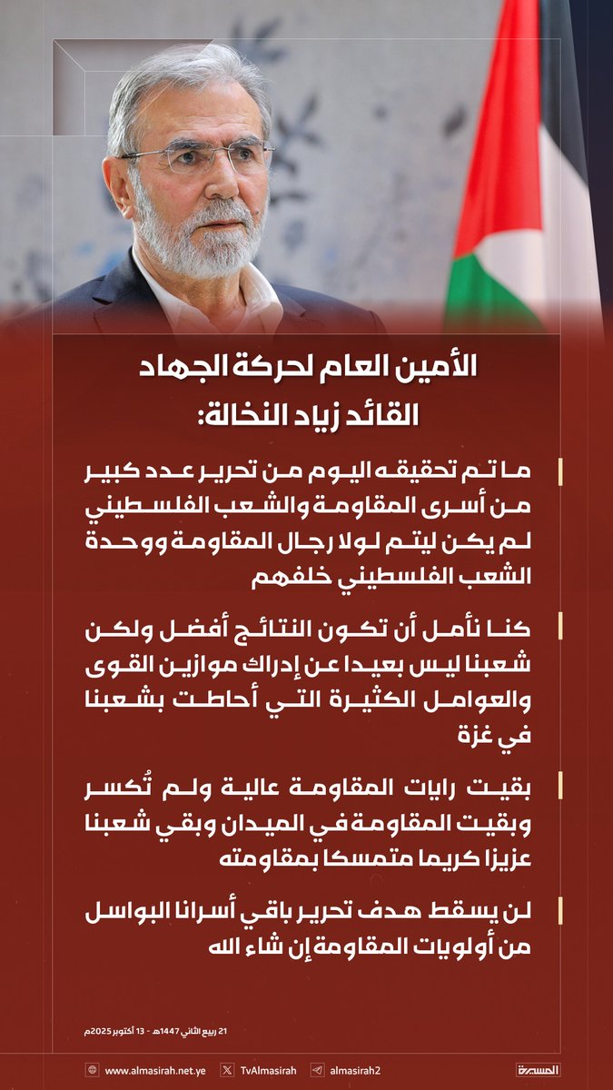 🟥 الأمين العام لحركة الجهاد القائد زياد النخالة: 

♦️ ما تم تحقيقه اليوم من تحرير عدد كبير من أسرى المقاومة والشعب الفلسطيني لم يكن ليتم لولا رجال المقاومة ووحدة الشعب الفلسطيني خلفهم
♦️ كنا نأمل أن تكون النتائج أفضل ولكن شعبنا ليس بعيدا عن إدراك موازين القوى والعوامل الكثيرة