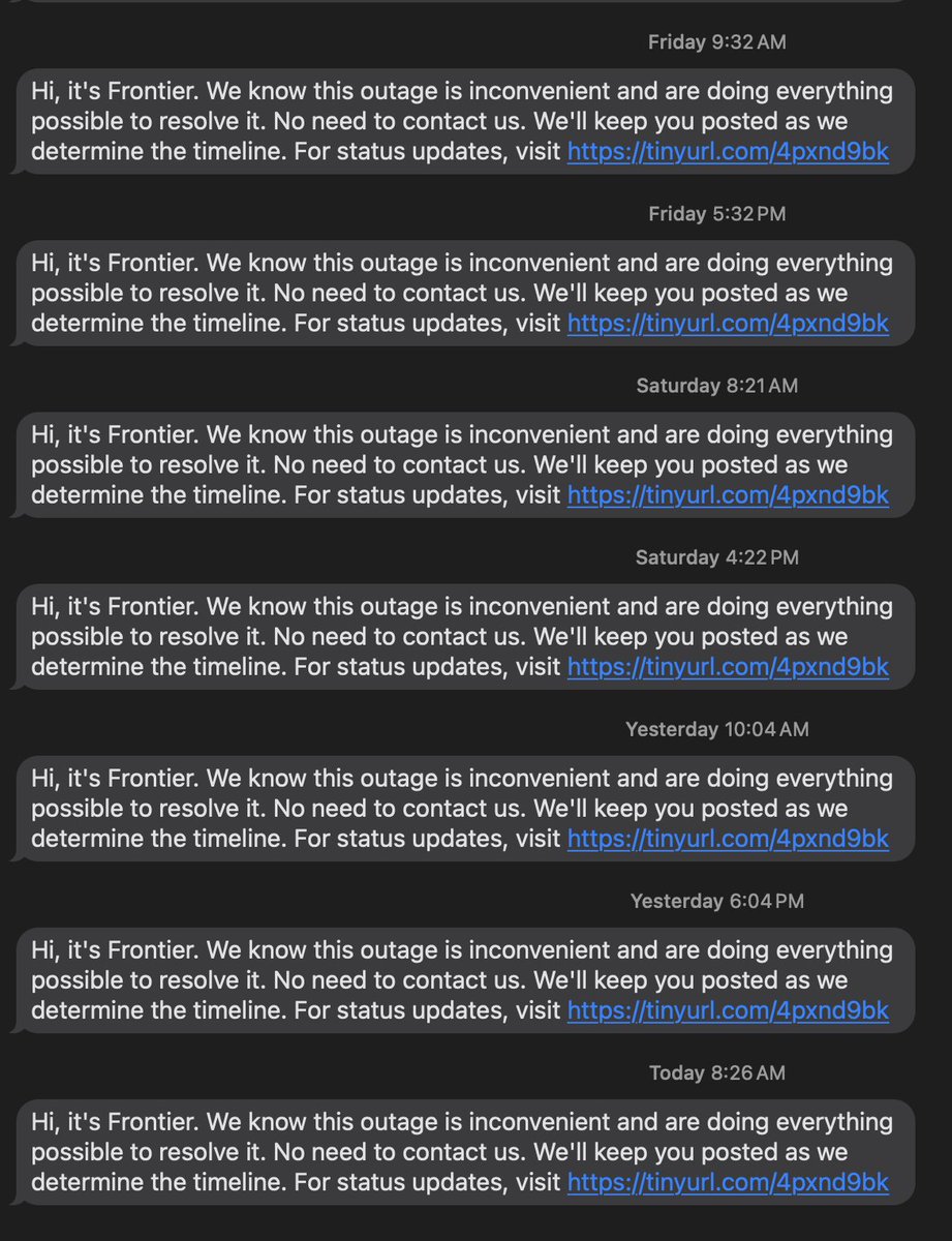 nathan_thomas's tweet photo. @FrontierCorp When the corporation forgets to turn off the "we care" spam.  Going on 2 weeks, twice a day texts now... https://t.co/AMmqoDpJOM
